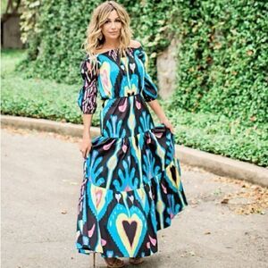 Sheridan French Women’s Size Medium Isabel Maxi Dress Black Blue Heart Ikat NWOT